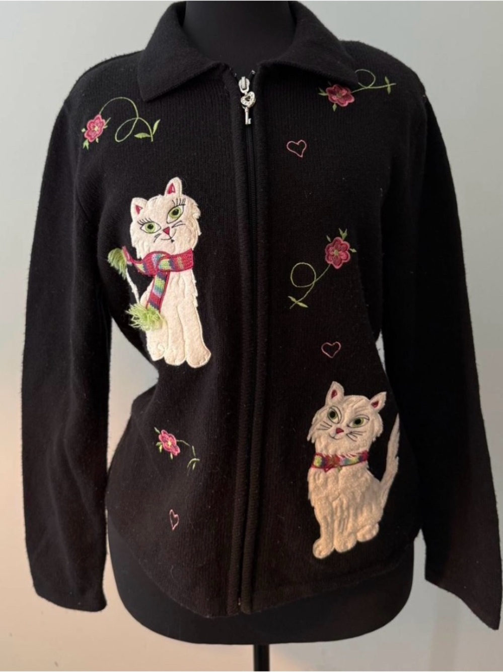 Vintage ALIA Embroidered Cat Zip Up Sweater Jacket | Size Small